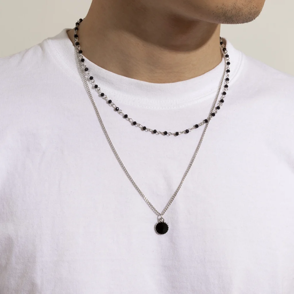 Layered Small Bead Necklace & Black Coin Pendant Necklace