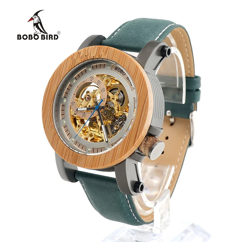 BOBO BIRD Mechanical Wooden Watch with Gold Dial