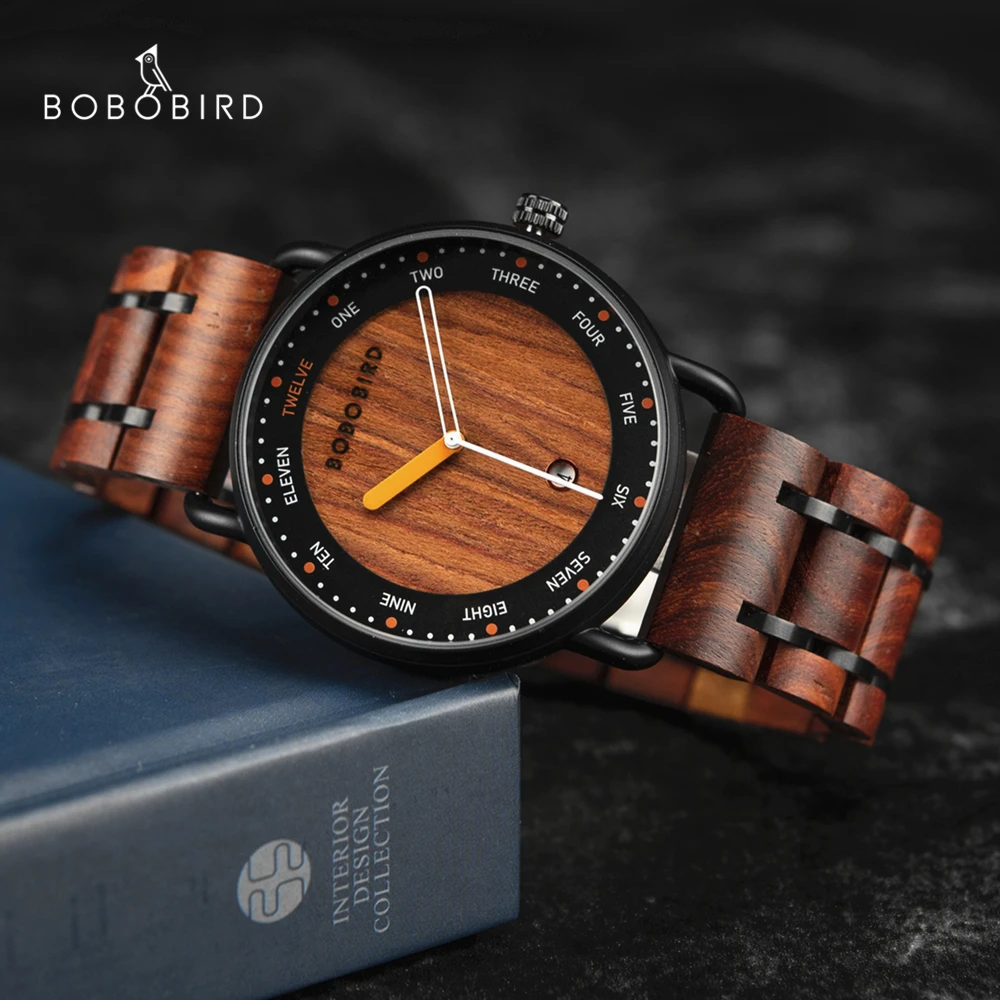 BOBO BIRD Wooden Quartz Daydate Display Wristwatch