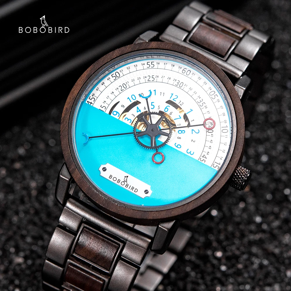 Mechanical BOBO BIRD Half Blue Wooden Wristwatch